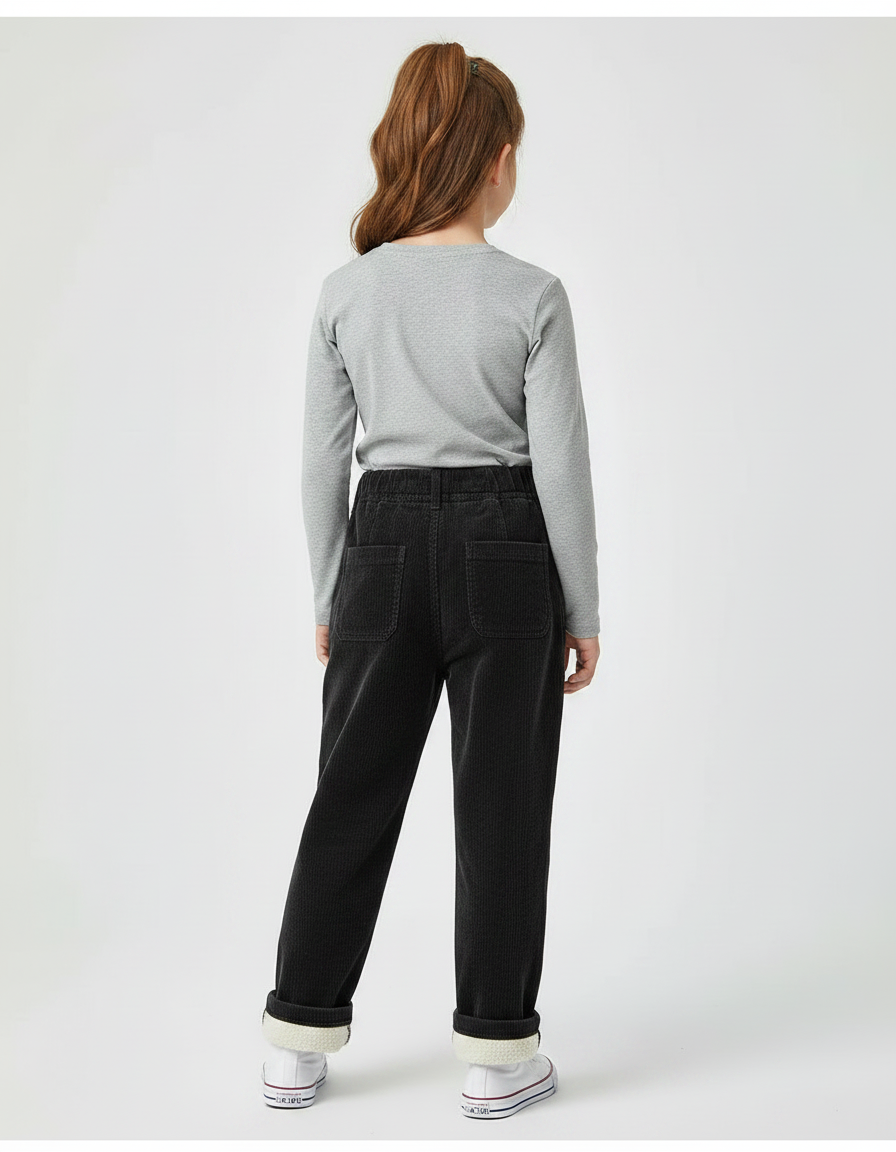 Pantalon Noir Côtelé Ample Décontracté Enfant Doublé - Cordé - vue 2