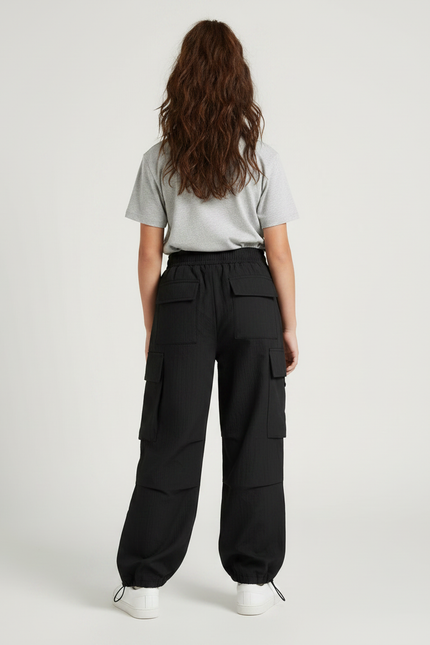 Pantalon Noir Cargo Ample Fille Streetwear Décontracté - Polyester - vue 2