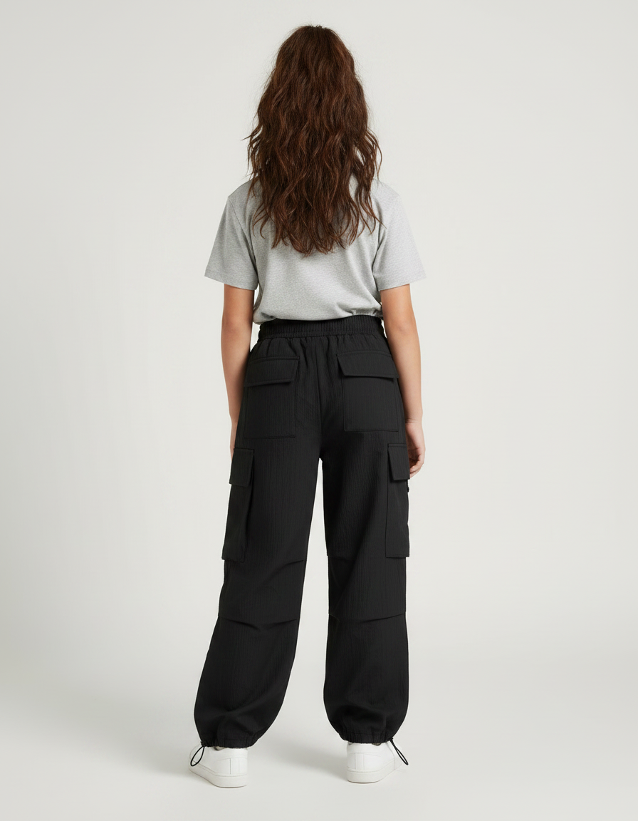 Pantalon Noir Cargo Ample Fille Streetwear Décontracté - Polyester - vue 2