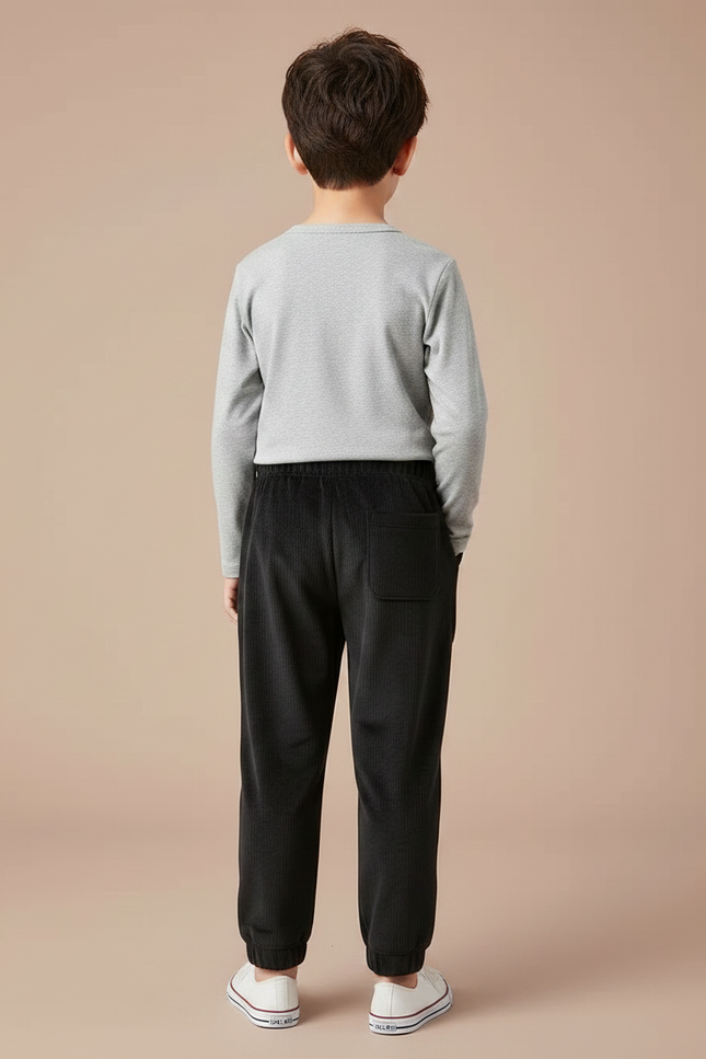 Pantalon Noir Côtelé Décontracté Enfant Brodé Ours - Cordé - vue 2