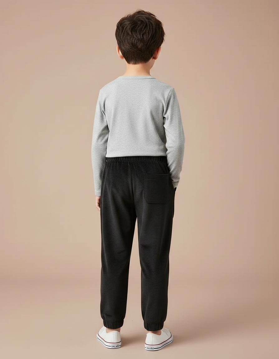 Pantalon Noir Côtelé Décontracté Enfant Brodé Ours - Cordé - vue 2
