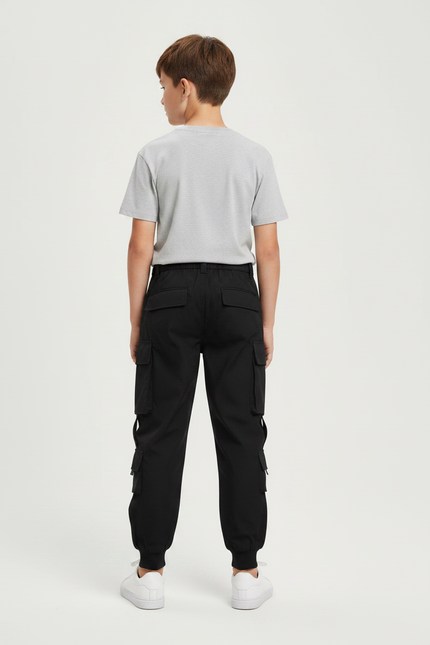 Pantalon Noir Cargo Coton Poches Multiples Garçon - vue 2