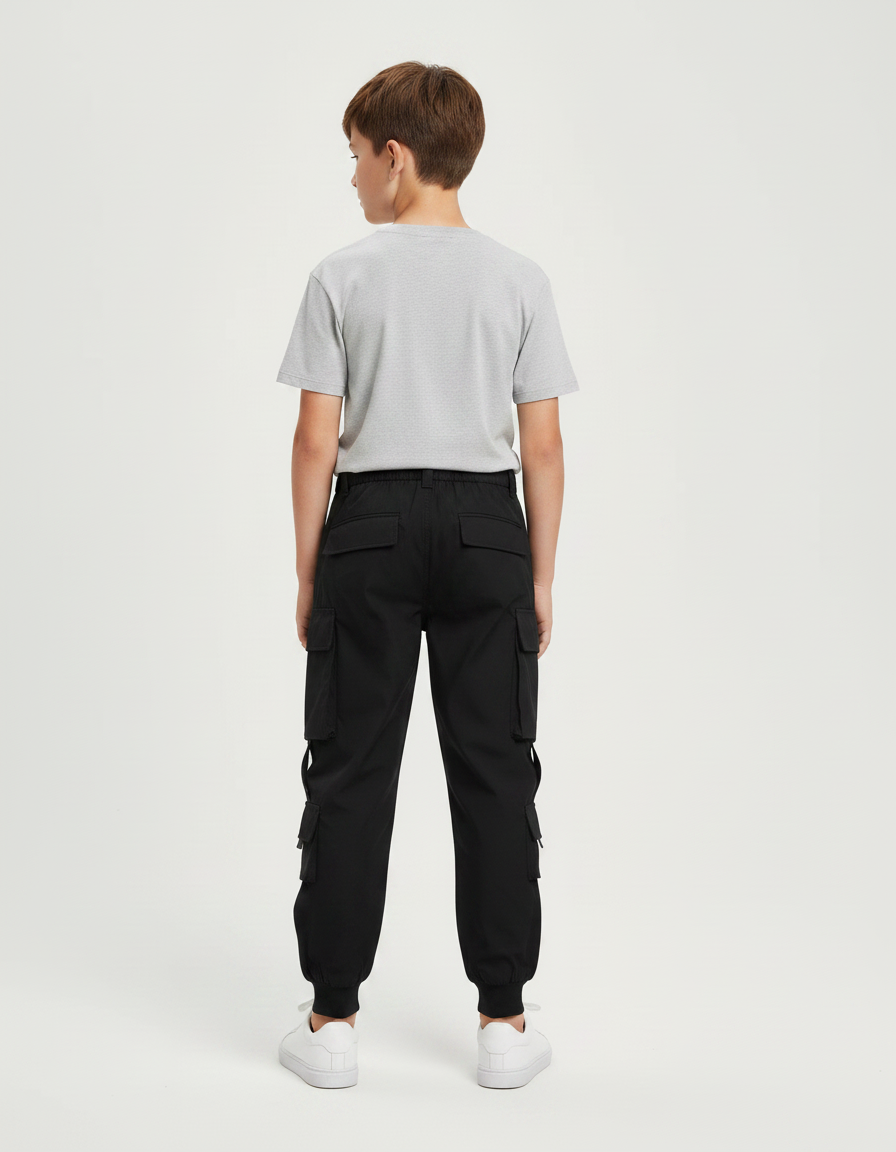 Pantalon Noir Cargo Coton Poches Multiples Garçon - vue 2