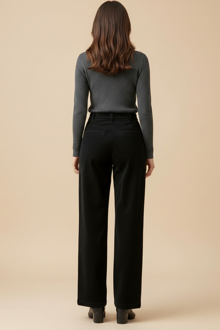 Pantalon Noir Côtelé Droit Taille Haute Épais Femme - Cordé - vue 2