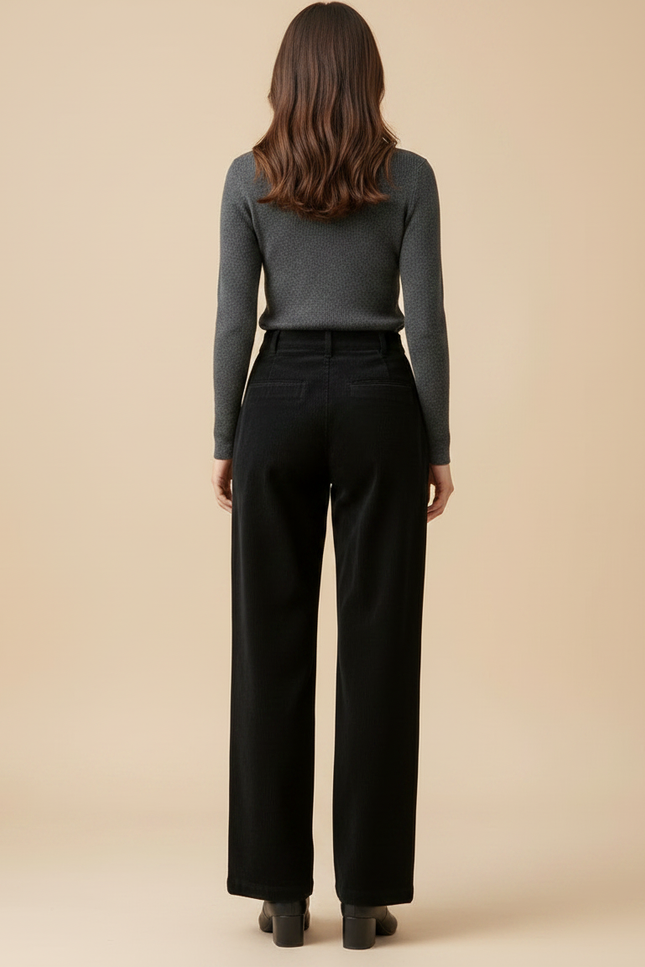 Pantalon Noir Côtelé Droit Taille Haute Épais Femme - Cordé - vue 2