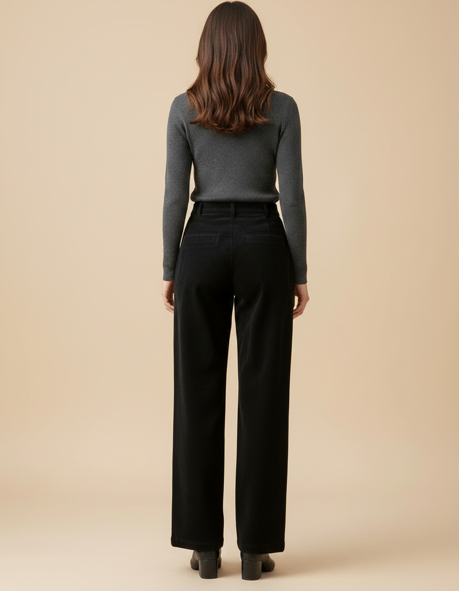 Pantalon Noir Côtelé Droit Taille Haute Épais Femme - Cordé - vue 2