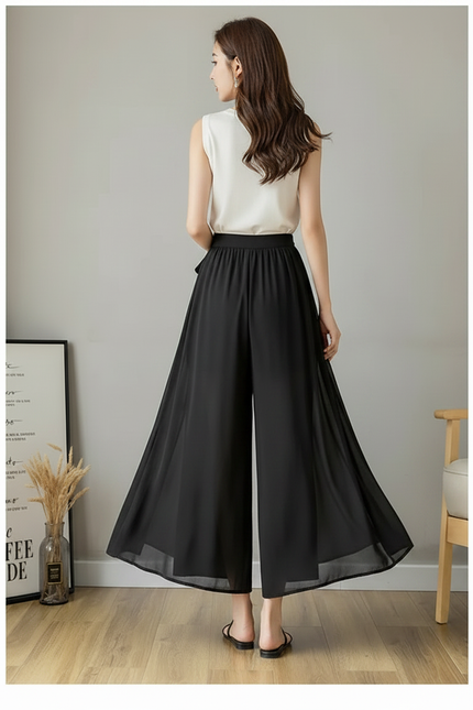 Pantalon Noir Fluide Plissé Taille Haute Élégant - Polyester - vue 2