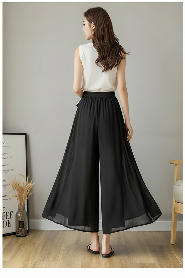 Pantalon Noir Fluide Plissé Taille Haute Élégant - Polyester - vue 2