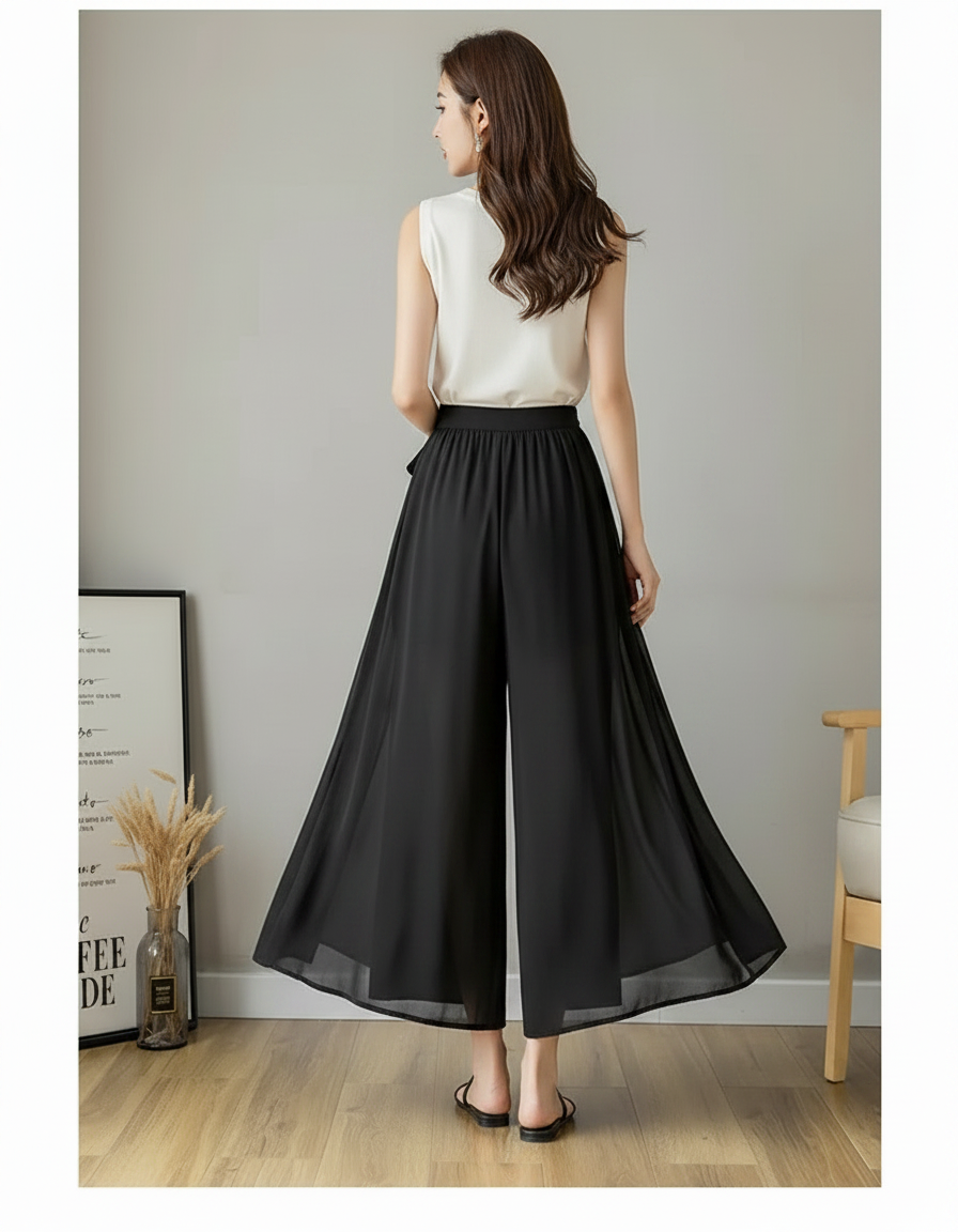 Pantalon Noir Fluide Plissé Taille Haute Élégant - Polyester - vue 2