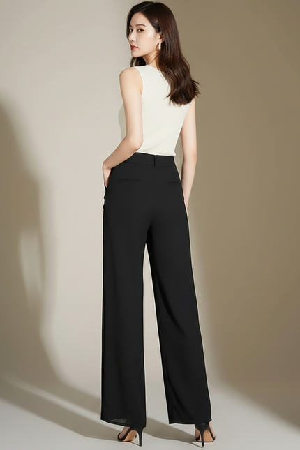 Pantalon Noir Fluide Large Taille Haute - Polyester - vue 2