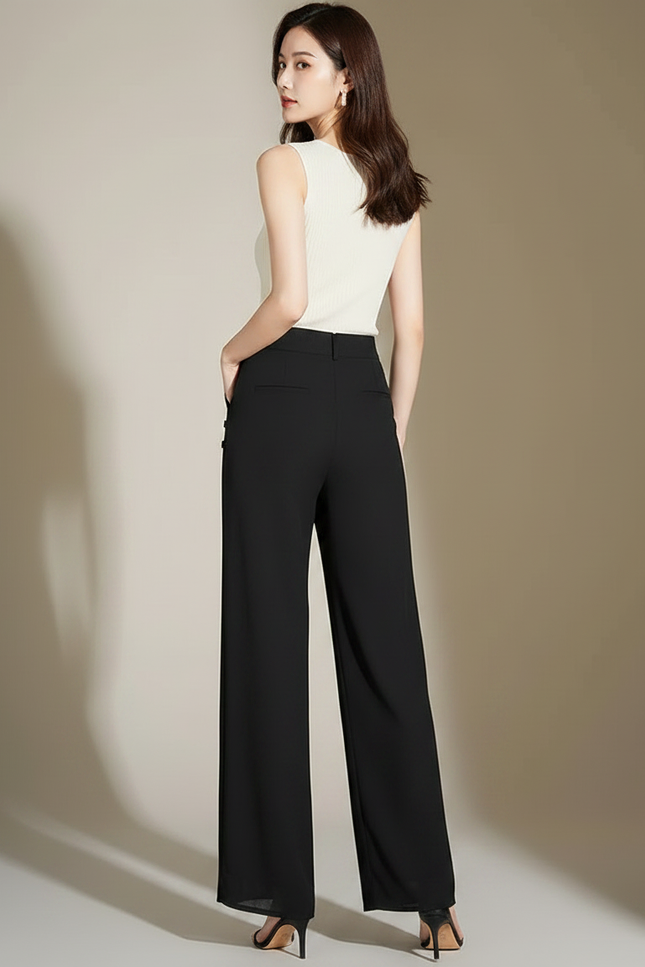Pantalon Noir Fluide Large Taille Haute - Polyester - vue 2