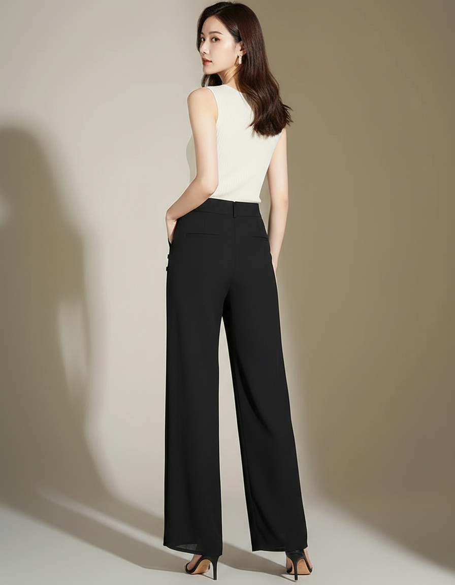 Pantalon Noir Fluide Large Taille Haute - Polyester - vue 2