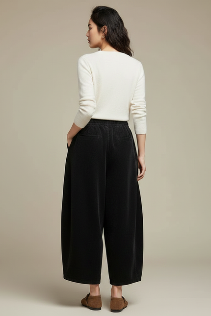Pantalon Noir Côtelé Ample Décontracté Fluide Femme - Cordé - vue 2