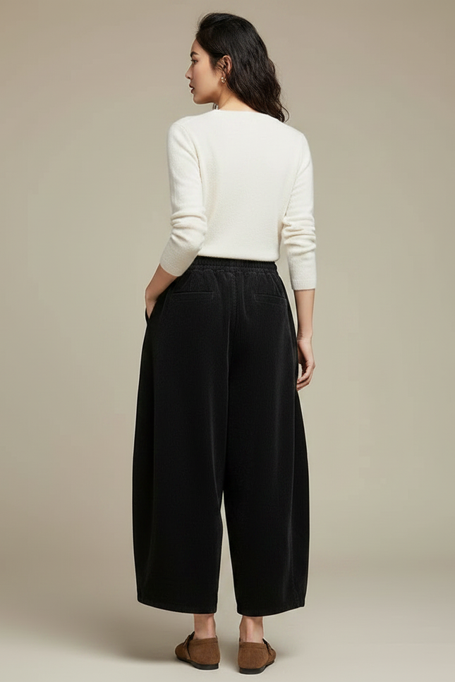 Pantalon Noir Côtelé Ample Décontracté Fluide Femme - Cordé - vue 2