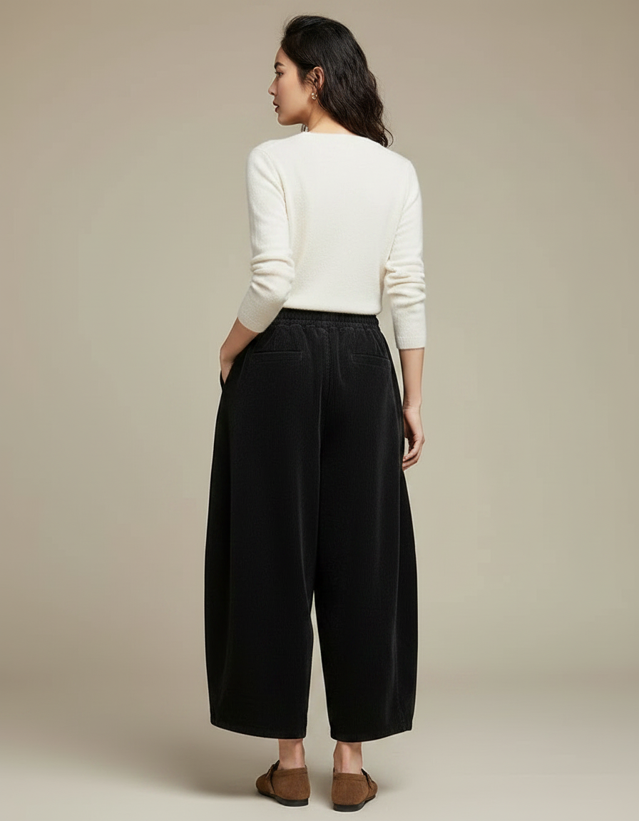 Pantalon Noir Côtelé Ample Décontracté Fluide Femme - Cordé - vue 2