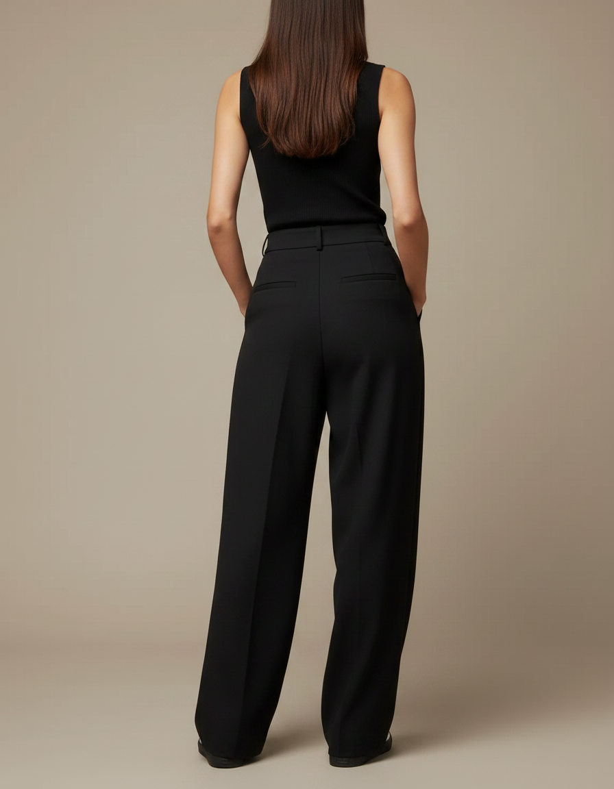 Pantalon Noir Taille Haute Large Fluide Élégant - Viscose - vue 2
