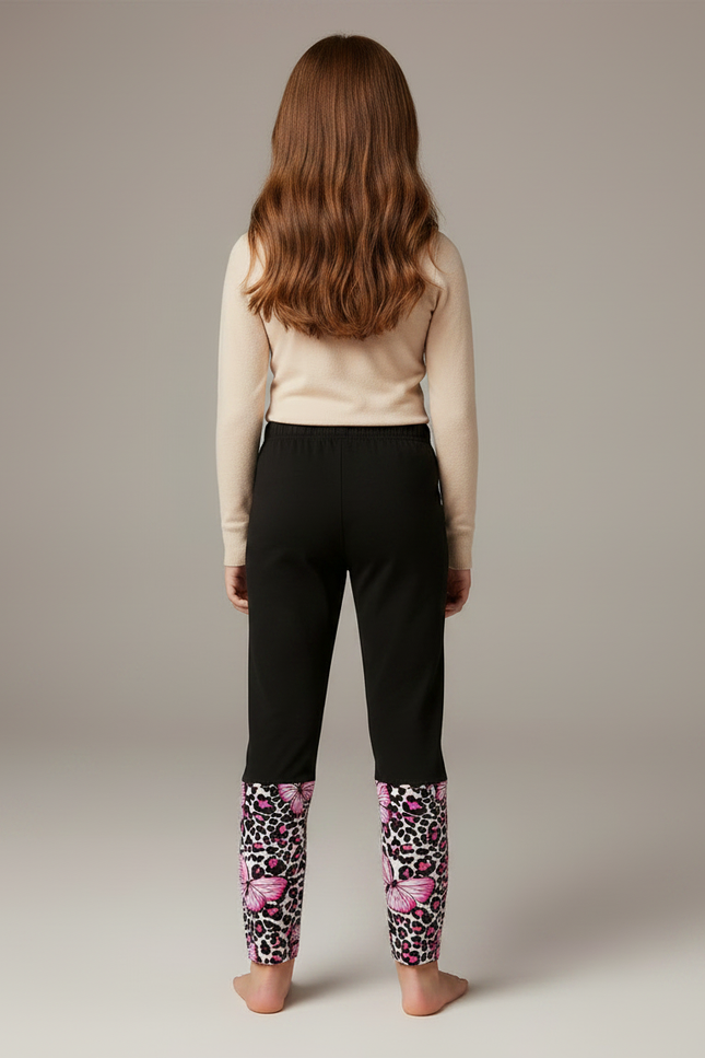 Pantalon Noir Fille Slim Papillons Roses Imprimés - Polyester - vue 2