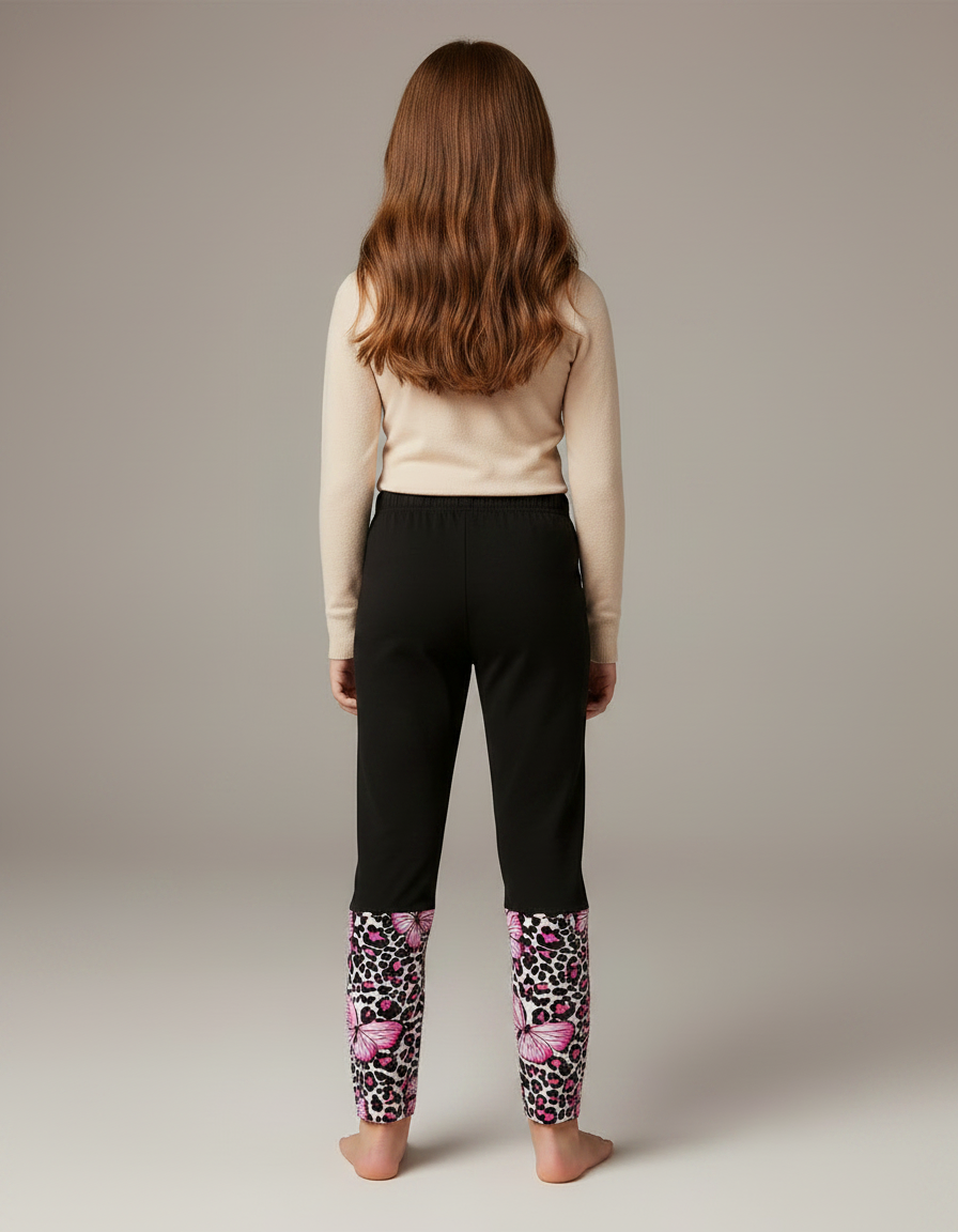 Pantalon Noir Fille Slim Papillons Roses Imprimés - Polyester - vue 2