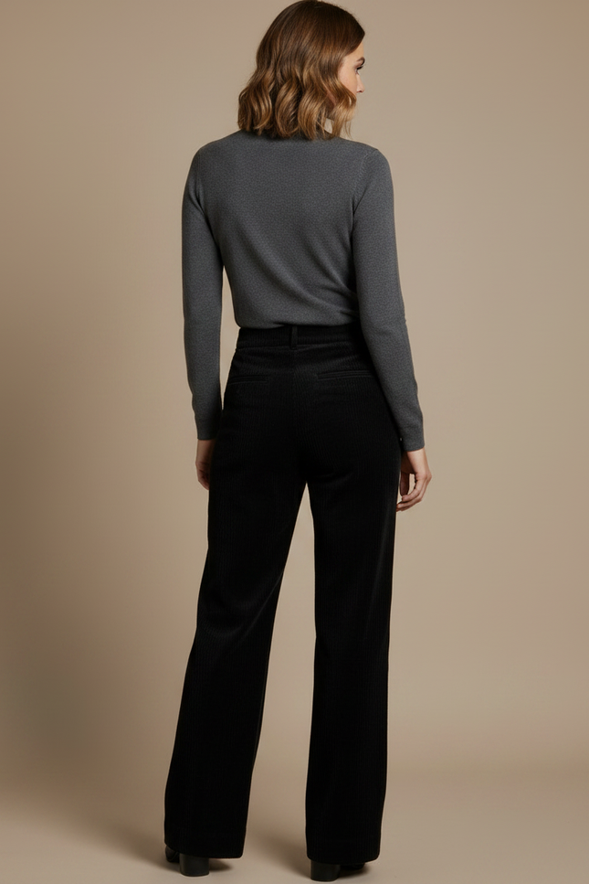 Pantalon Noir Côtelé Ample Taille Haute Femme - Cordé - vue 2