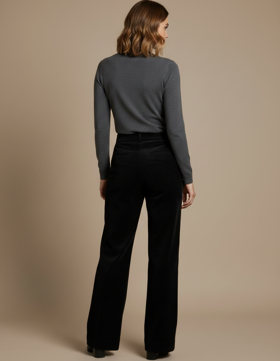 Pantalon Noir Côtelé Ample Taille Haute Femme - Cordé - vue 2