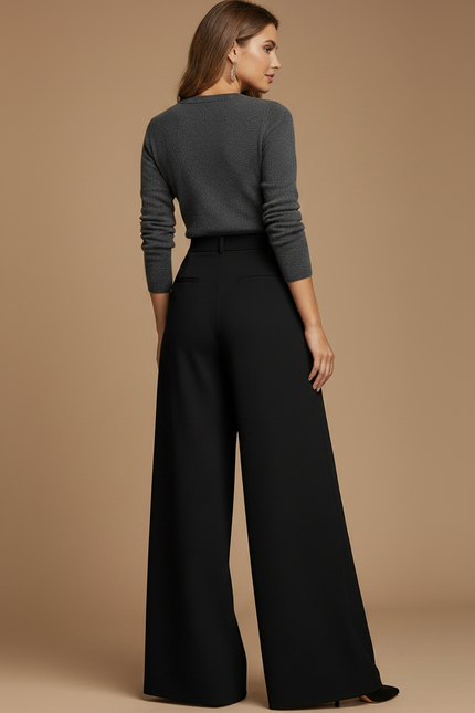 Pantalon Noir Plissé Ample Fluide Élégant Femme - Polyester - vue 2