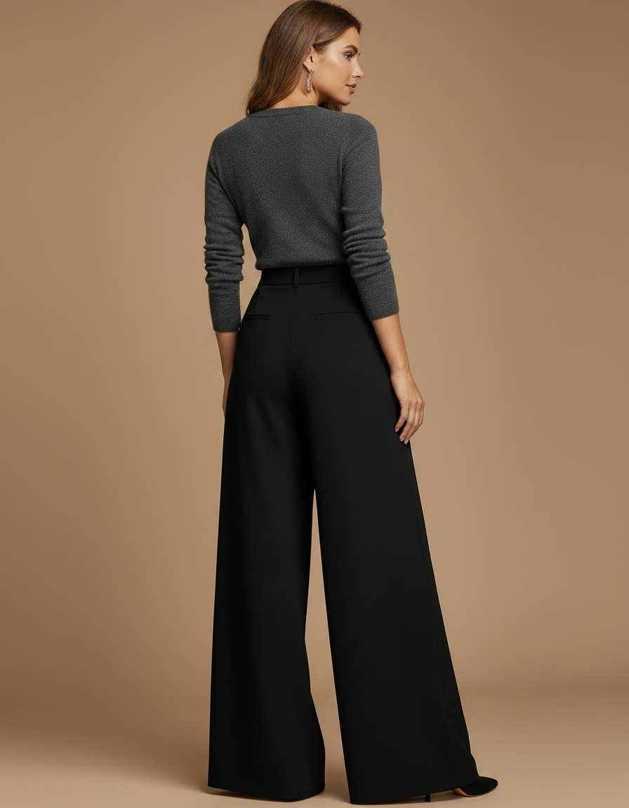 Pantalon Noir Plissé Ample Fluide Élégant Femme - Polyester - vue 2