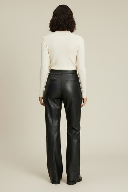 Pantalon Noir Cuir Ample Droit Élégant Femme - vue 2