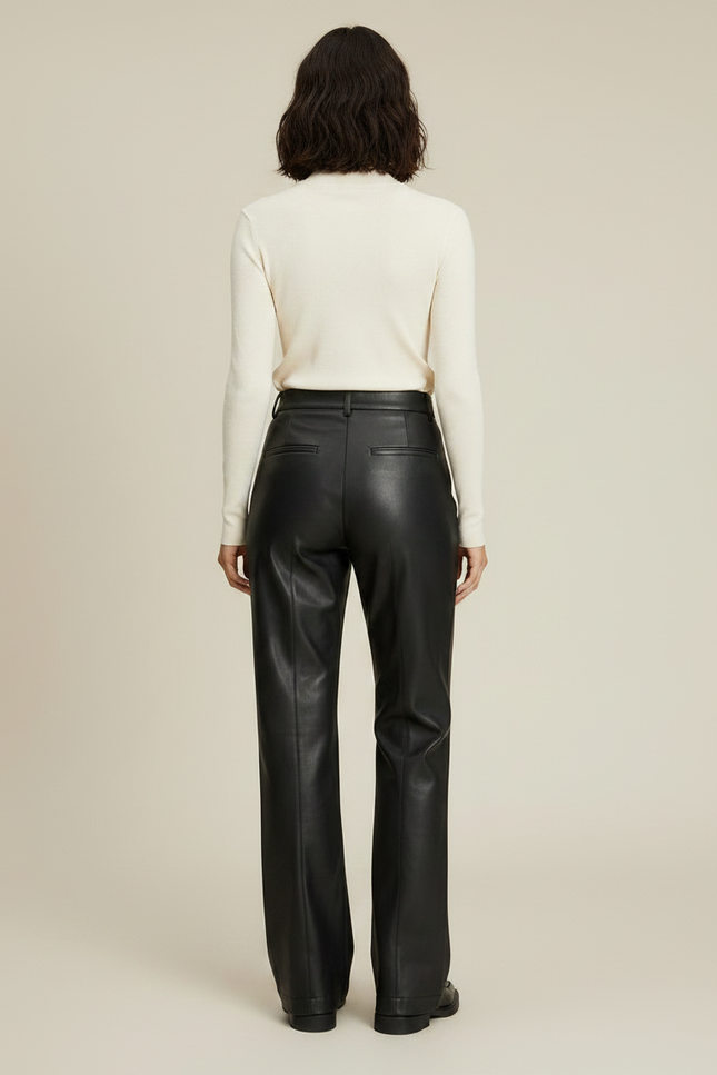Pantalon Noir Cuir Ample Droit Élégant Femme - vue 2