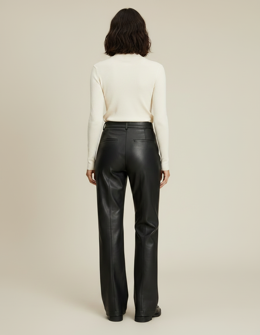 Pantalon Noir Cuir Ample Droit Élégant Femme - vue 2