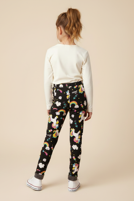 Pantalon Noir Licorne Arc-en-ciel Fille Doublé Polaire - Molleton - vue 2