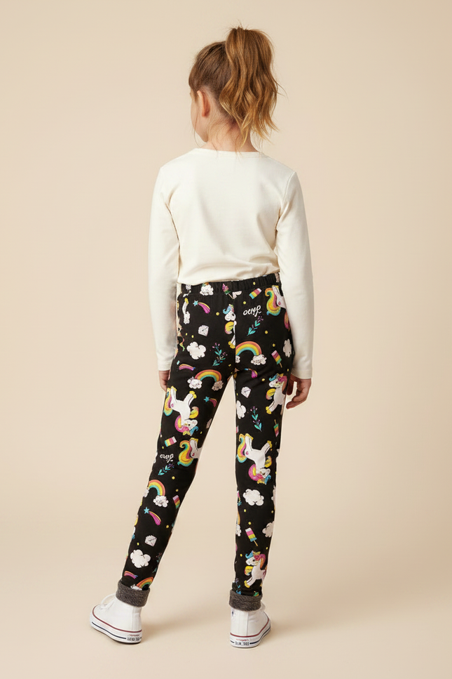 Pantalon Noir Licorne Arc-en-ciel Fille Doublé Polaire - Molleton - vue 2