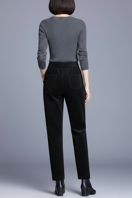 Pantalon Noir Côtelé Taille Haute Décontracté Femme - Cordé - vue 2