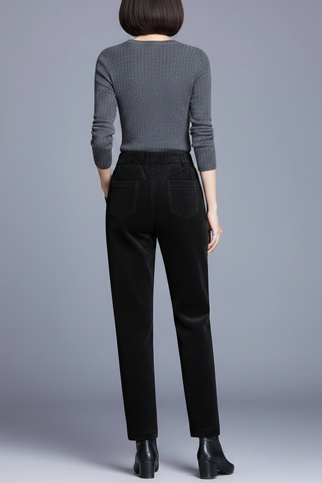 Pantalon Noir Côtelé Taille Haute Décontracté Femme - Cordé - vue 2