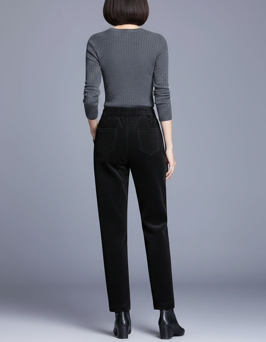 Pantalon Noir Côtelé Taille Haute Décontracté Femme - Cordé - vue 2