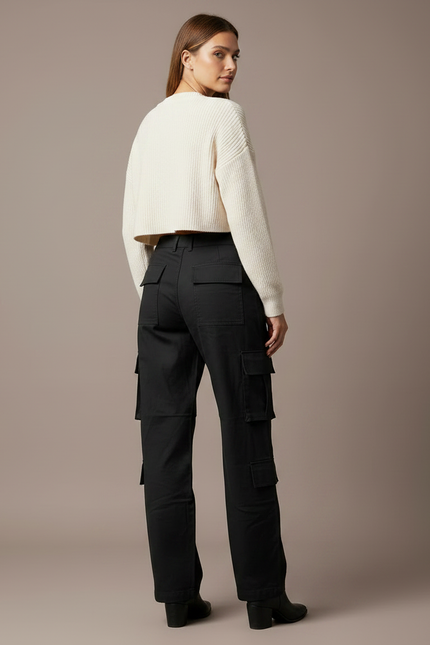 Pantalon Noir Cargo Ample Décontracté Femmes - Toile - vue 2