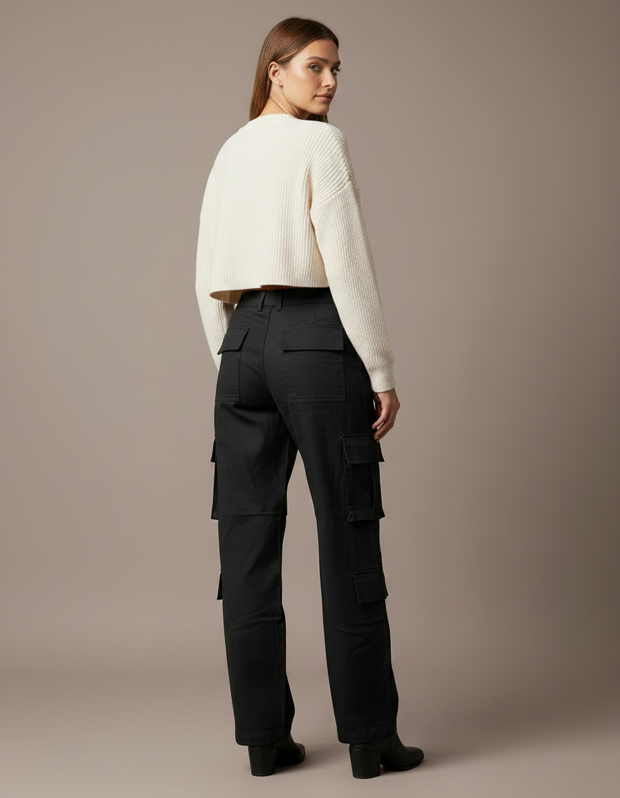 Pantalon Noir Cargo Ample Décontracté Femmes - Toile - vue 2