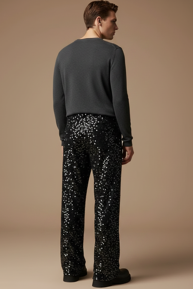 Pantalon Noir Paillettes Scintillant Large Homme Décontracté - Polyester - vue 2
