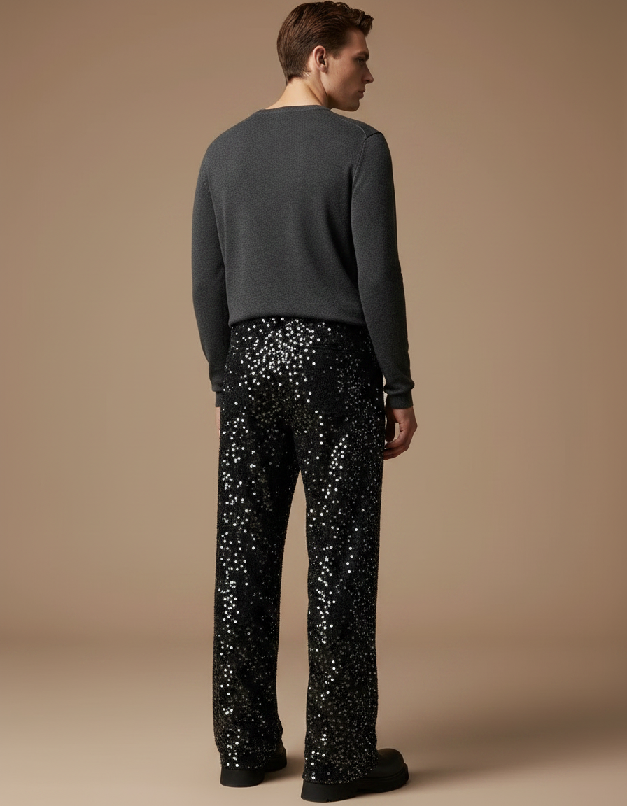 Pantalon Noir Paillettes Scintillant Large Homme Décontracté - Polyester - vue 2