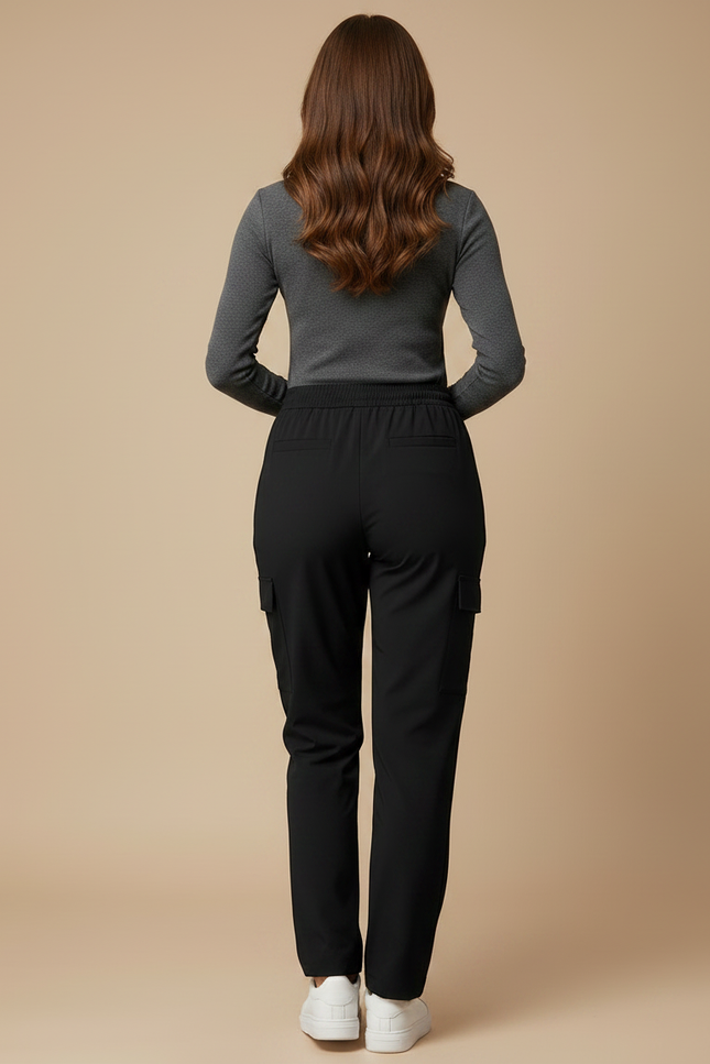 Pantalon Noir Cargo Ample Taille Haute Décontracté - Polyester - vue 2