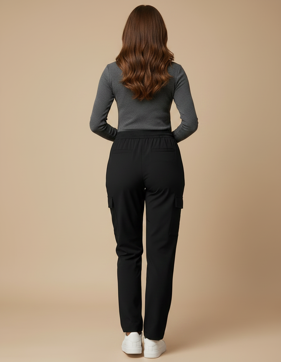 Pantalon Noir Cargo Ample Taille Haute Décontracté - Polyester - vue 2