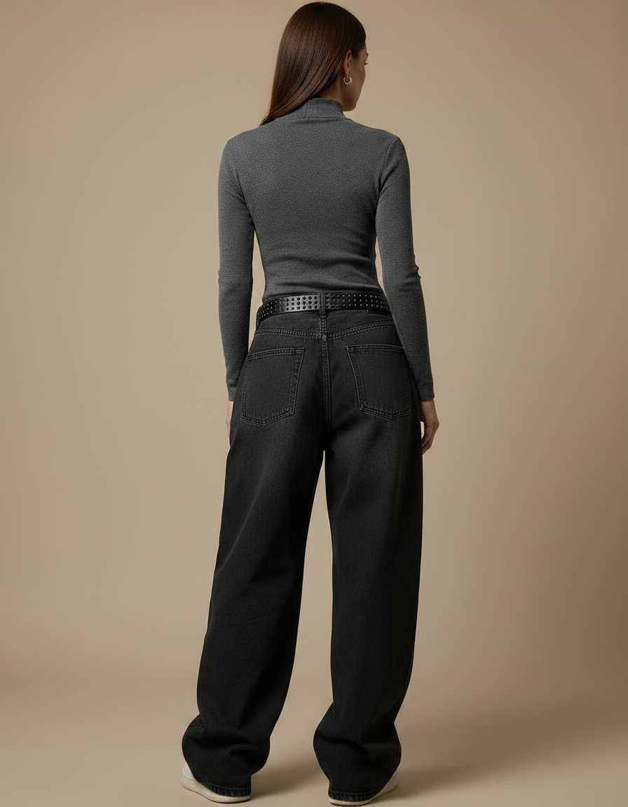 Pantalon Noir Large Brodé Croix Gothique Décontracté - Jean - vue 2