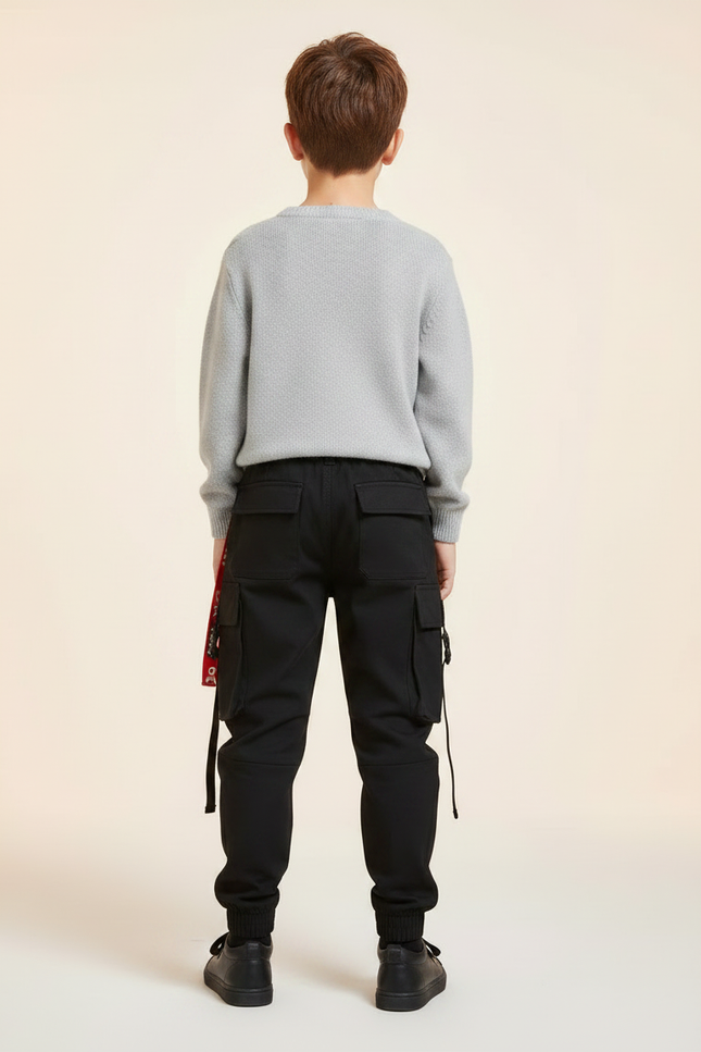 Pantalon Noir Cargo Garçon Ceinture Rouge Streetwear - Toile - vue 2