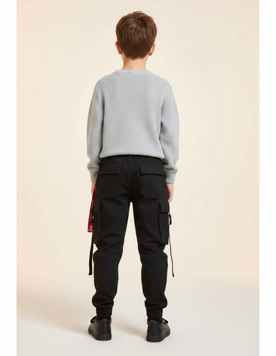 Pantalon Noir Cargo Garçon Ceinture Rouge Streetwear - Toile - vue 2