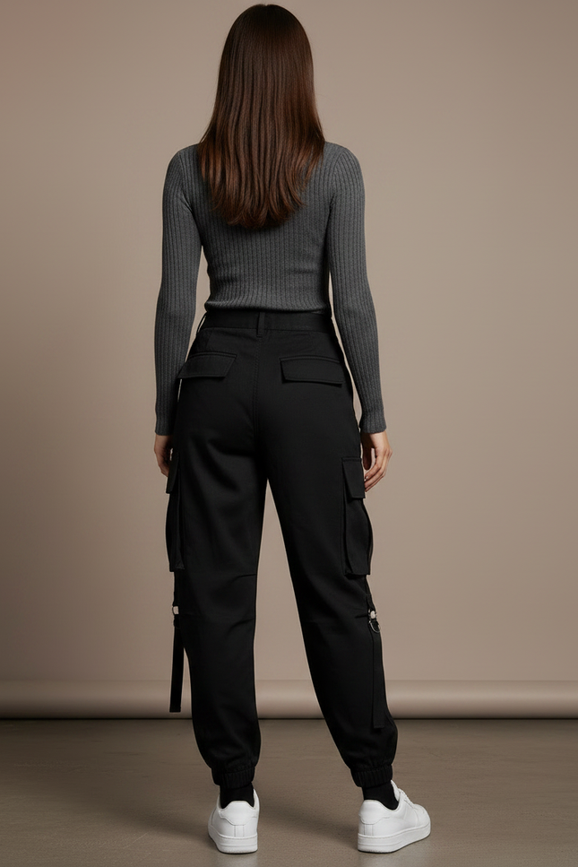 Pantalon Noir Cargo Ample Chaîne Punk Streetwear Femme - Coton - vue 2