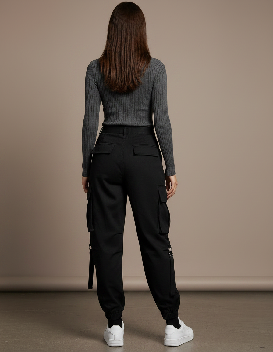 Pantalon Noir Cargo Ample Chaîne Punk Streetwear Femme - Coton - vue 2