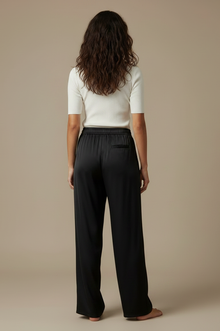 Pantalon Noir Satin Fluide Large Élégant Femme - vue 2
