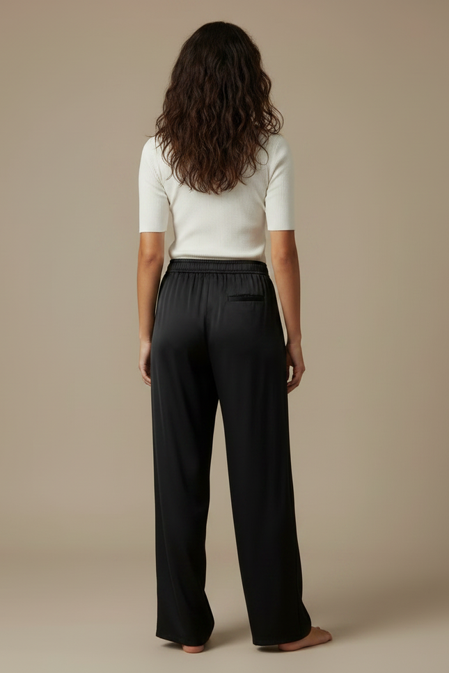 Pantalon Noir Satin Fluide Large Élégant Femme - vue 2