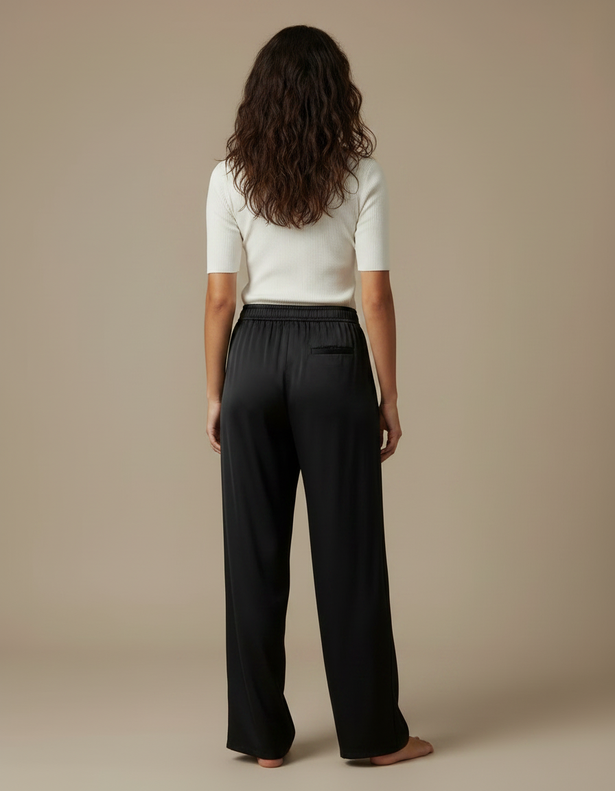 Pantalon Noir Satin Fluide Large Élégant Femme - vue 2