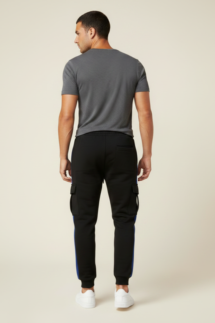 Pantalon Noir Cargo Jogging Sportif Rayure Bleu - Molleton - vue 2