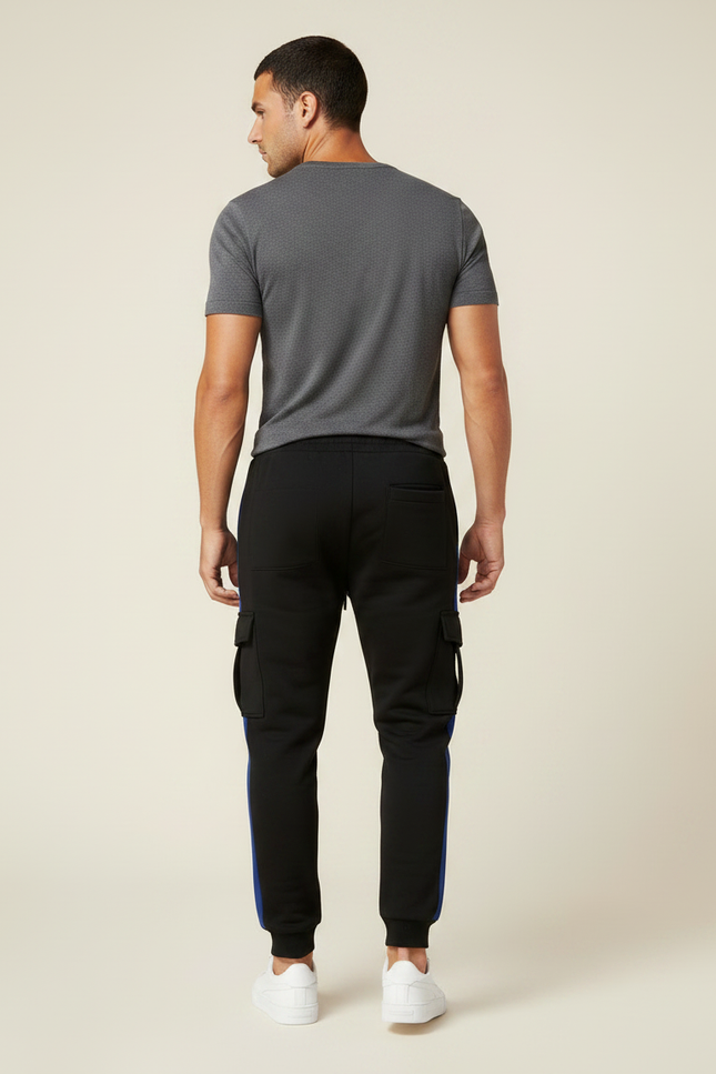 Pantalon Noir Cargo Jogging Sportif Rayure Bleu - Molleton - vue 2